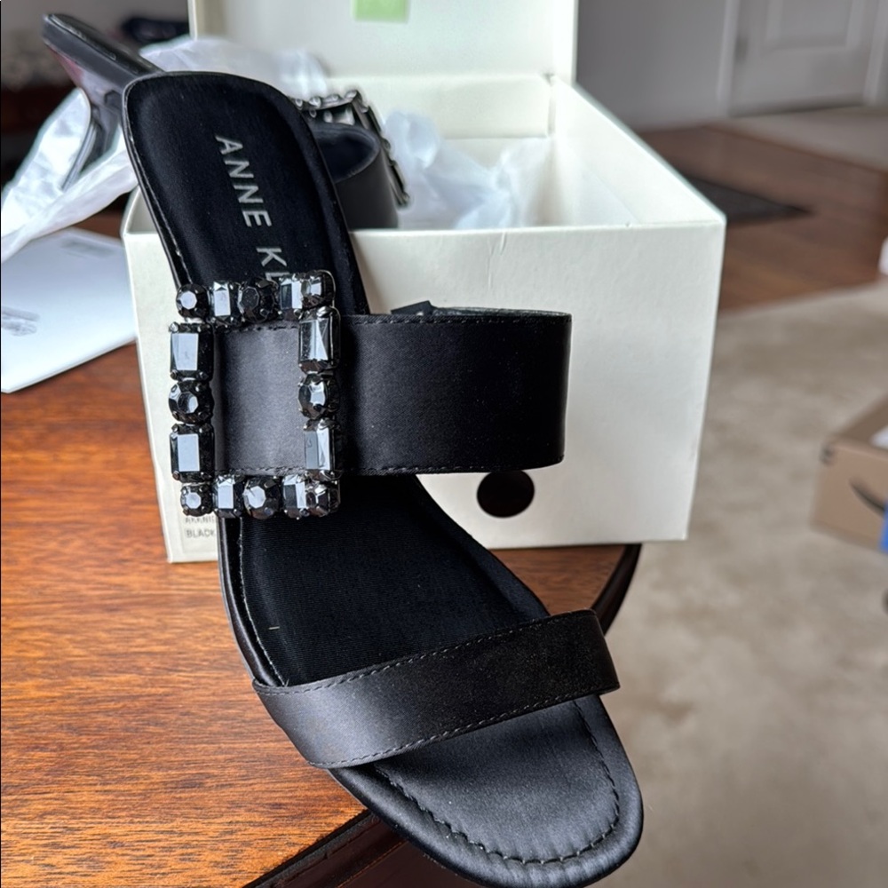 Anne Klein Black Sandals with Crystal Embellishments